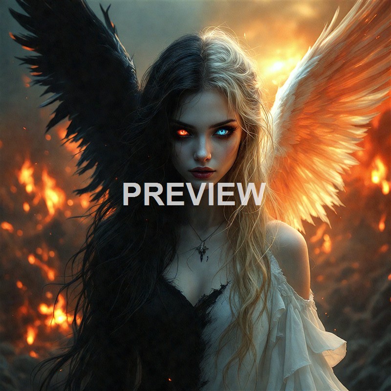 A woman with half black and half blonde hair, one glowing red eye and one bright blue eye, stands in front of a fiery background with large black and white angel wings, creating a dramatic and supernatural atmosphere.
